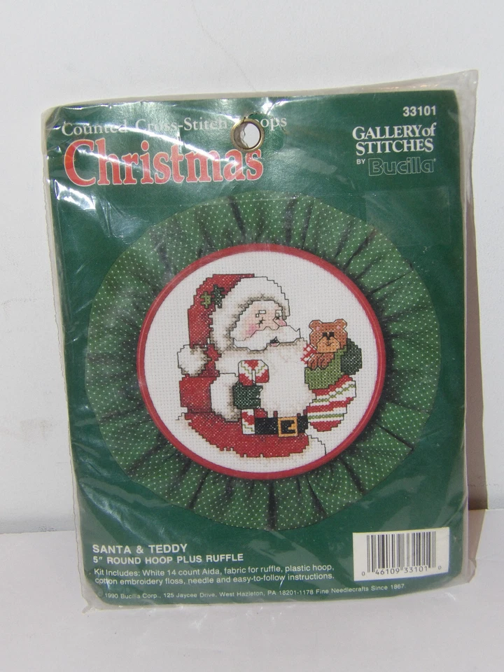 BUCILLA CHRISTMAS GALLERY OF STITCHES SANTA & TEDDY CROSS STITCH KIT & HOOP - Image 1 of 2