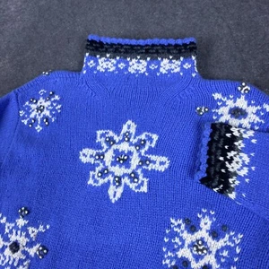 Icelandic Design Sweater Womens Small Blue White Snowflakes Wool Angora - Picture 1 of 16