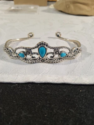 American West Sterling Silver Turquoise Tennis Cuff Bracelet Sleeping Beauty QVC - Image 1 of 4