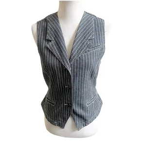 Jeanology Women’s Vintage Striped Jean Vest Charcoal Size 6 Y2K Grunge - Picture 1 of 10