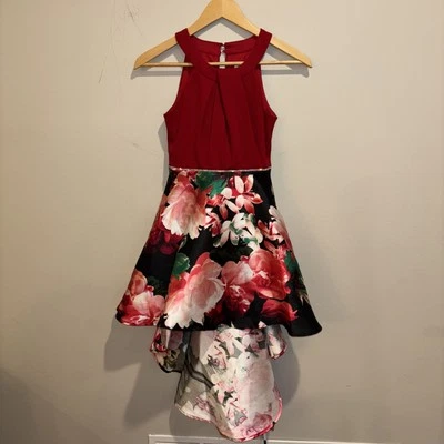 Vestido halter floral sin palabras alto bajo para niña 10 negro/rojo sin mangas Foto 1 de 3
