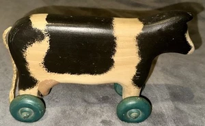 Vintage Folk Art Pull Toy Wood Cow Hand Painted Home Decor 6 3/4” X 9 1/2”x 3” - Picture 1 of 6