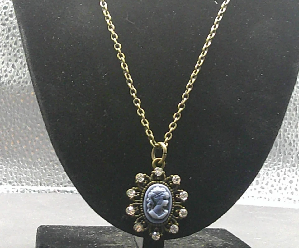 Plastic Blue Cameo w/ Rhinestones Edging Necklace - Image 1 of 1