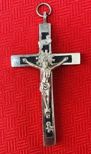 ANTIQUE GERMAN CASKET CRUCIFIX WITH SKULL & CROSSBONES - Nun's Cross Jesus - Picture 1 of 5