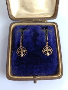 Antique 9ct Gold Crucifix Cross Dangle Hook Earrings - Picture 1 of 8