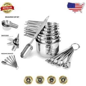 Durable 13pc 18/8 Stainless Steel Measuring Cups Spoons - Ergonomic Silver - Picture 1 of 10