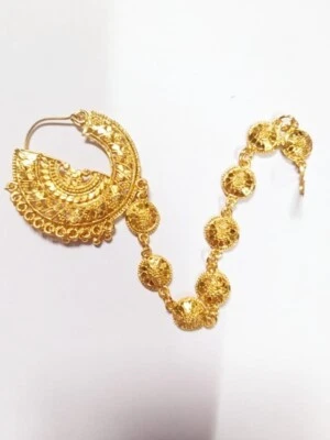Ethnic Nose Ring Indian Nath Jewelry Gold Plated Wedding Hoop With Chain Pierced - Image 1 of 4