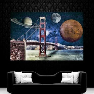 LEINWAND BILD ER GOLDEN GATE BRÜCKE MOND SATURN MARS BUNT ABSTRAKT WAND POSTER - Bild 1 von 4