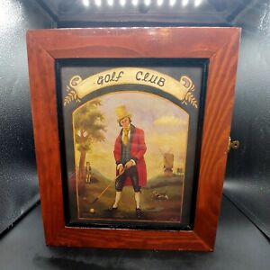 Vintage Key Box cabinet Holder keeper wood glass front GOLF Club man cave