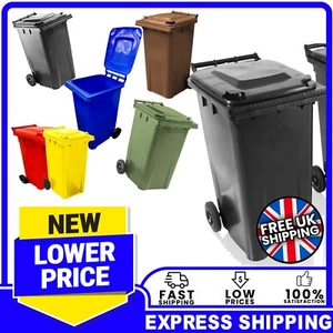 240L Large Outdoor Strong Rubbish Wheelie Bins With Rubber Wheels, Handle & Lids - Picture 1 of 7