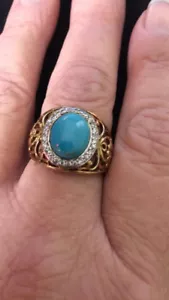 Gold Tone 925 Sterling Silver Estate Ring with Turquoise & CZ Size 9 Designer - Picture 1 of 6
