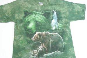 Vintage Tie-Dye Green Grizzly Bear Momma & Cubs Waterfall  T-Shirt Sz L Cotton - Picture 1 of 7