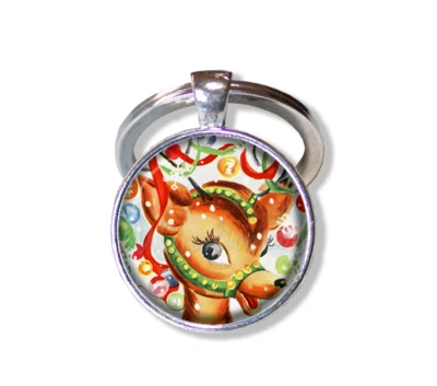 Retro Christmas Lights Reindeer - Handmade ROUND Glass Metal Pendant KEY RING - Image 1 of 3