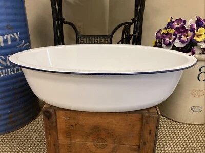 Large Enamel Ware Tub Basin Oval Wash Bowl 25 1/2 White Blue Baby Bath Farmhouse - Image 1 of 4