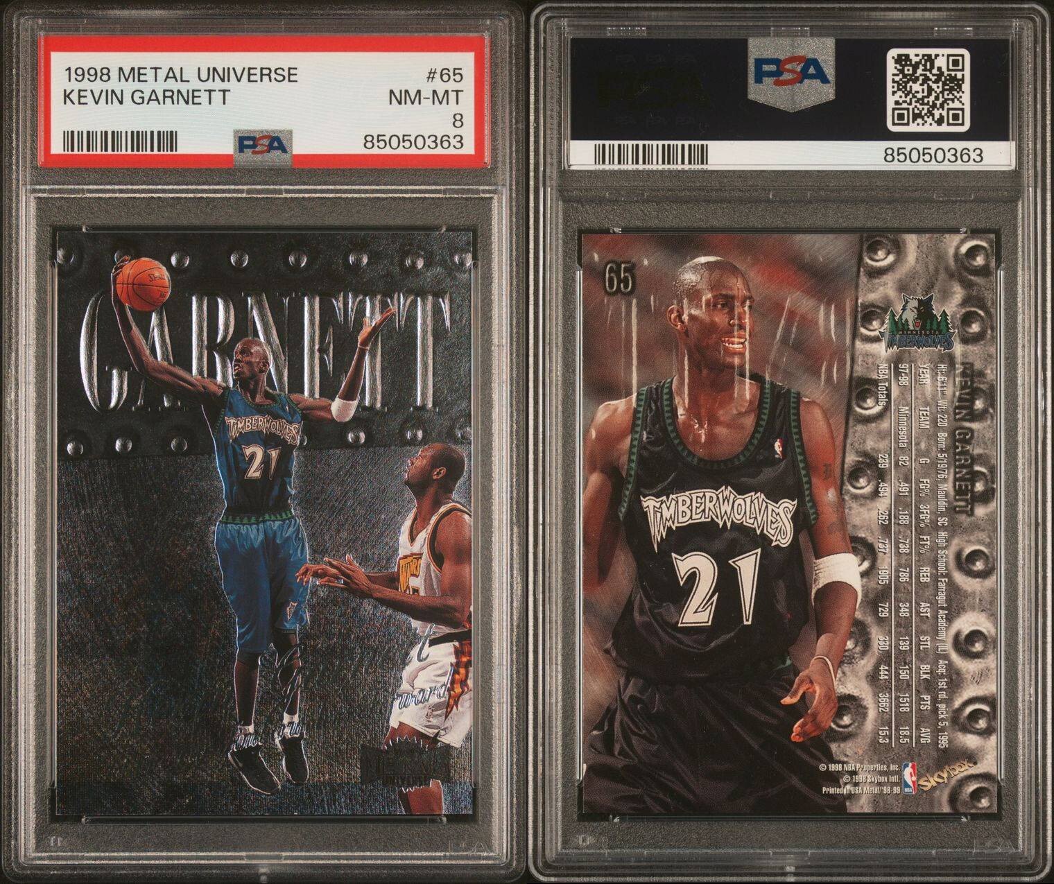 1998 Metal Universe BkB Card # 65 Kevin Garnett Minnesota Timberwolves HOF PSA 8