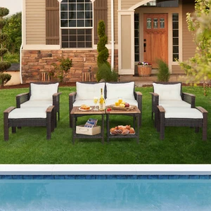 7 PCS Patio Rattan Furniture Set with Storage Table Cushioned Loveseat Ottoman - Picture 1 of 10