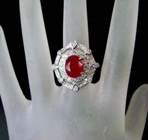 Red Pigeon Blood 4.46CT Ruby With Old European Cut CZ Cluster 925 Silver Ring - Picture 1 of 5
