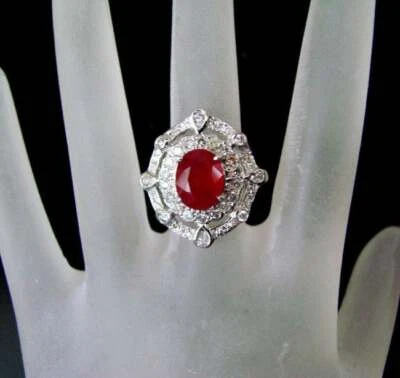 Red Pigeon Blood 4.46CT Ruby With Old European Cut CZ Cluster 925 Silver Ring - Image 1 of 4