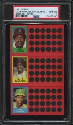 PSA 8 NM MINT 1981 TOPPS SCRATCH-OFFS ROD CAREW / RANDOLPH / NORRIS 65995 B286 - Image 1 of 2