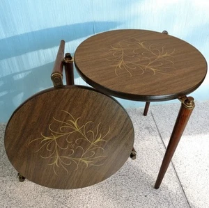 2 Mid Century Atomic Walnut Stacking Round Side Tables 16" Tapered Nesting Drink - Picture 1 of 21