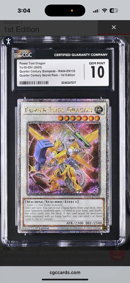 CGC 10 Power Tool Dragon RA04-EN135 Quarter Century Secret Rare Rarity - Image 1 of 1