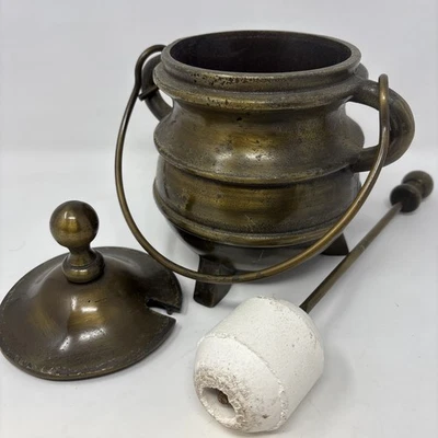 Heavy Cast Iron Smudge Pot Brass Lid Handle Wand Caldron Fire Pot Firestarter - Image 1 of 4