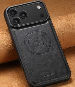 Funda de teléfono SUTENI de lujo de cuero negro sintético cera de aceite para iPhone 17 Pro Max - Imagen 1 de 1
