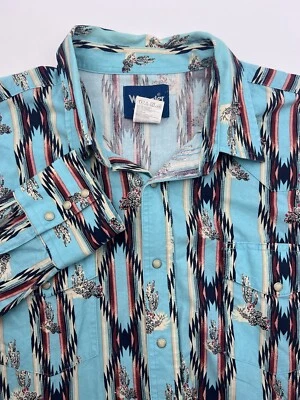 Camisa Wrangler XXL Perla A Presión Azul Azteca Cactus Vaquero Occidental Brushpopper Foto 1 de 4