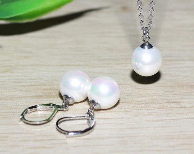 PERLE SET 10mm Muschelkernperle weiß Kette Anhänger Ohrringe Ohrhänger EDELSTAHL - Bild 1 von 4