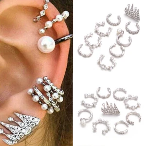 Earrings Piercing 9PC/set Fashion Clip-on Pearl Earring Crystal Ear Cuff Clip - Picture 1 of 7