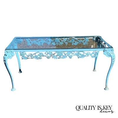Vintage Molla Victorian Cast Aluminum Metal Glass Top Garden Patio Coffee Table - Image 1 of 4