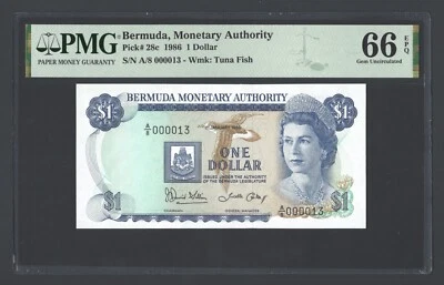 Bermuda One Dollar 1-1-1986 P28c "S/N 000013" Uncirculated Grade 66 - Image 1 of 2