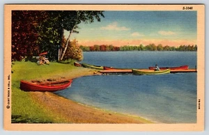Postcard Outdoor Scene Lake Boat Linen Curt Teich - Picture 1 of 3