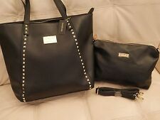 NEW WT BLACK EXTRA LARGE BEBE LEATHER PURSE JANE STUDDED ZIP TOTE W INSERT BAG