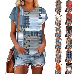Women's Short Sleeve T Shirts Round Neck Cute Tunic Tops Basic Tees Blouses - Picture 1 of 48
