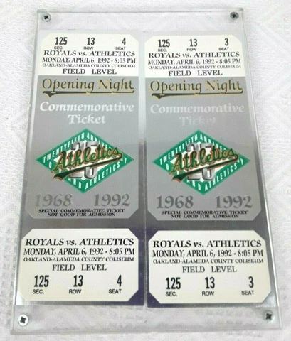 2 TICKETS Royals vs Athletics 25 Years Baseball Commemorative Opening Night '68 Cover
