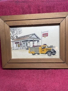 VINTAGE Wood Framed Texaco GAS STATION w/ Coca-Cola TRUCK Hand Colored Print - Picture 1 of 6