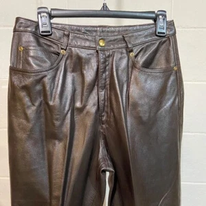 Pantaloni donna vintage DKNY 100% pelle nappa 12 marroni vita alta Y2K design classico - Foto 1 di 11