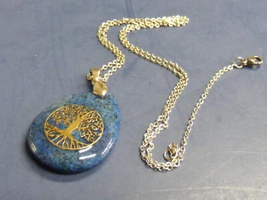 BLUE LAPIS  LAZULI TREE OF LIFE OVAL PENDANT NECKLACE 20" CHAIN - Picture 1 of 2