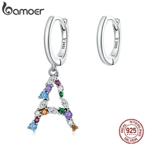 BAMOER Fine S925 Sterling Silver Earrings Pave Setting CZ Letter A For Women - Picture 1 of 12