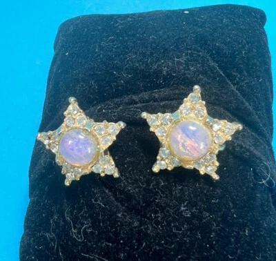 Pendientes redondos opalescentes estrella torcida con acabado de oro amarillo de 14K estrás C87 Foto 1 de 4