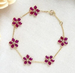 6Ct Oval Cut Lab Created Ruby Flower Women's Bracelet 14K Yellow Gold Plated - Picture 1 of 4