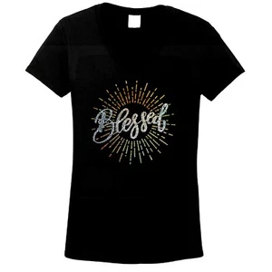 Blessed Rhinestone V-Neck Shirt –Sparkling Women’s Faith Apparel Christian Bling - Picture 1 of 1