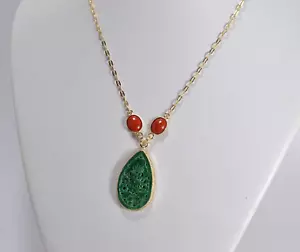 COLLLANA ARGENTO DORATA GIADA E CORALLO ROSSO CABOCHON 8x10 mm AGLN 0257 - Foto 1 di 3