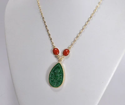 COLLLANA ARGENTO DORATA  GIADA  E CORALLO ROSSO CABOCHON  8x10 mm      AGLN 0257 - Immagine 1 di 3