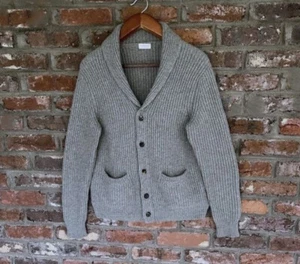 100% Cashmere Chunky Knit Shawl Collar Elbow Patches Cardigan Gray L THICK - Picture 1 of 11