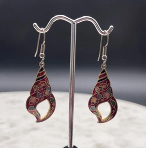 Vintage Cloisonné Dangle Spiral ShellArt Nouveau Gold Tone Earrings - Picture 1 of 3