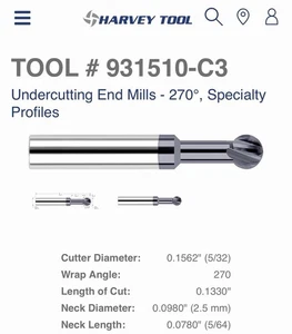 "Harvey Tool 5/32"" 931510-C3 fresadora de extremo de corte de carburo 270° perfil de bolas" - Imagen 1 de 8