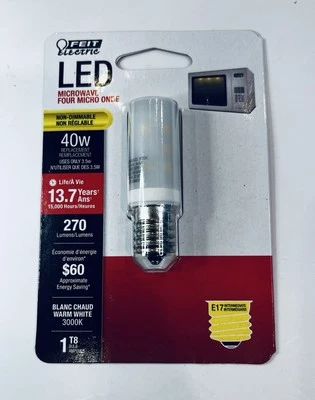 FEIT T8 LED Microwave Bulb E17 270lm Warm White 3W Replaces 40W | Factory Sealed - Image 1 of 3
