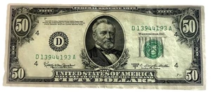 1950A $50 Federal Reserve ERROR Note Margins Banknote Fifty Dollar D13944193A - Picture 1 of 8